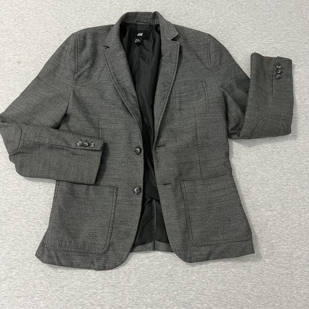 H&M Blazer Sport Coat Mens‎ 36R Gray Textured Two Button Elbow Patch Lined